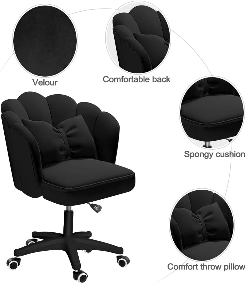 Chair with Bow Cushion Velvet Vanity Chair with Wheels, Upholstered Home Office Chair for Girls Women, Mid-Back Swivel Computer Task Chairs for Living Room Bedroom
