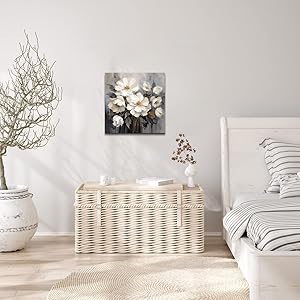 Bathroom Canvas Wall Art, Bathroom Wall Decor,Living Room, Bedroom,Office,Small Gray and White Blue Flower Wall Decoration, 12x12 inches