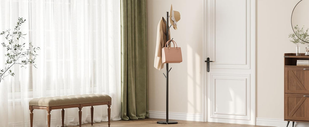 Coat Rack Freestanding with Natural Marble Base, Metal Coat Rack Stand with 10 Hooks, 3 Adjustable Size Coat Tree for Bags, Clothes, and Hats for Entryway, Bedroom, Hallway, Office, Black