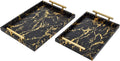 Modern Decorative Tray Set of 2 Ivory Shagreen Leather and Wood Serving Tray with Gold Polished Metal Handles for Ottoman, Coffee Table, Bathroom and More