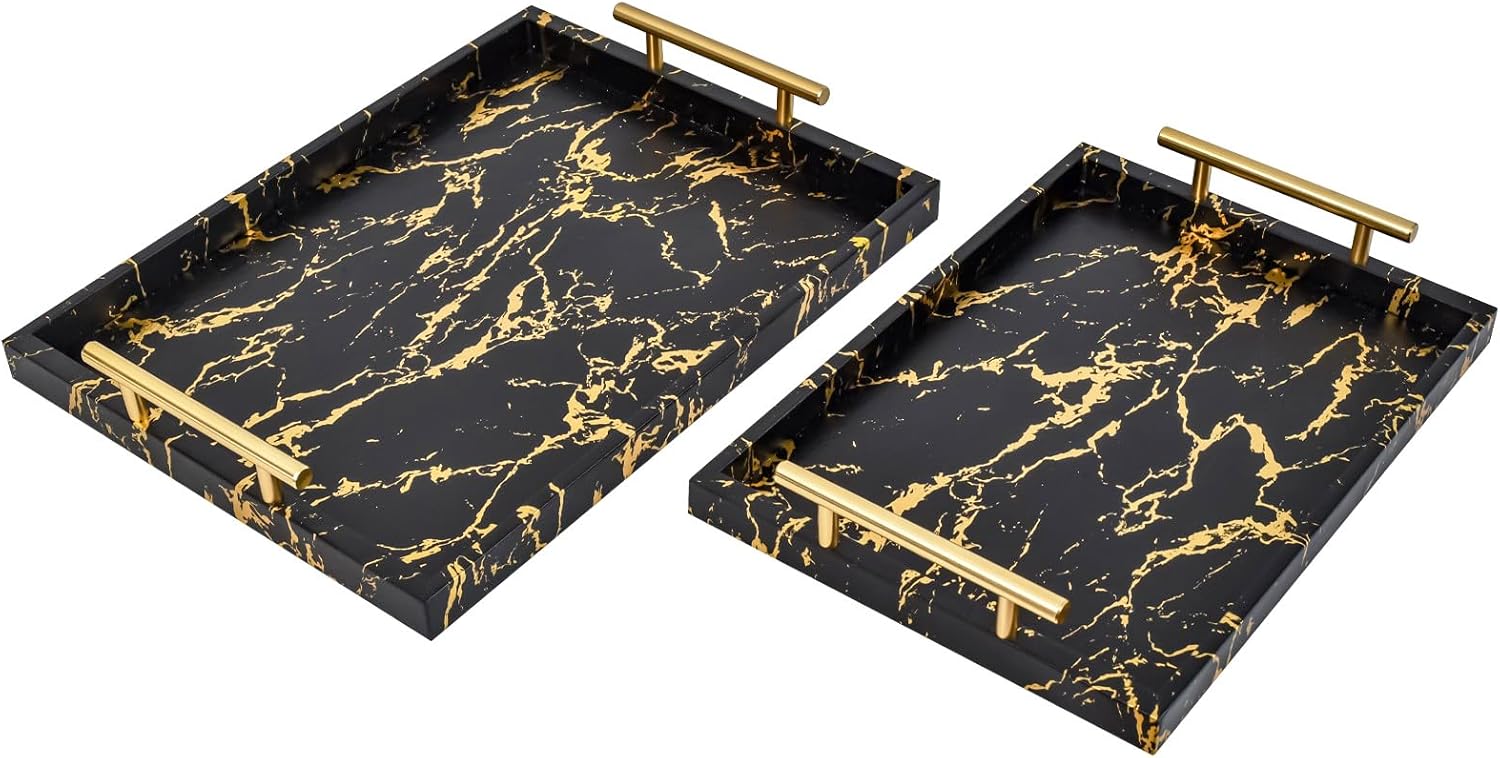 Modern Decorative Tray Set of 2 Ivory Shagreen Leather and Wood Serving Tray with Gold Polished Metal Handles for Ottoman, Coffee Table, Bathroom and More