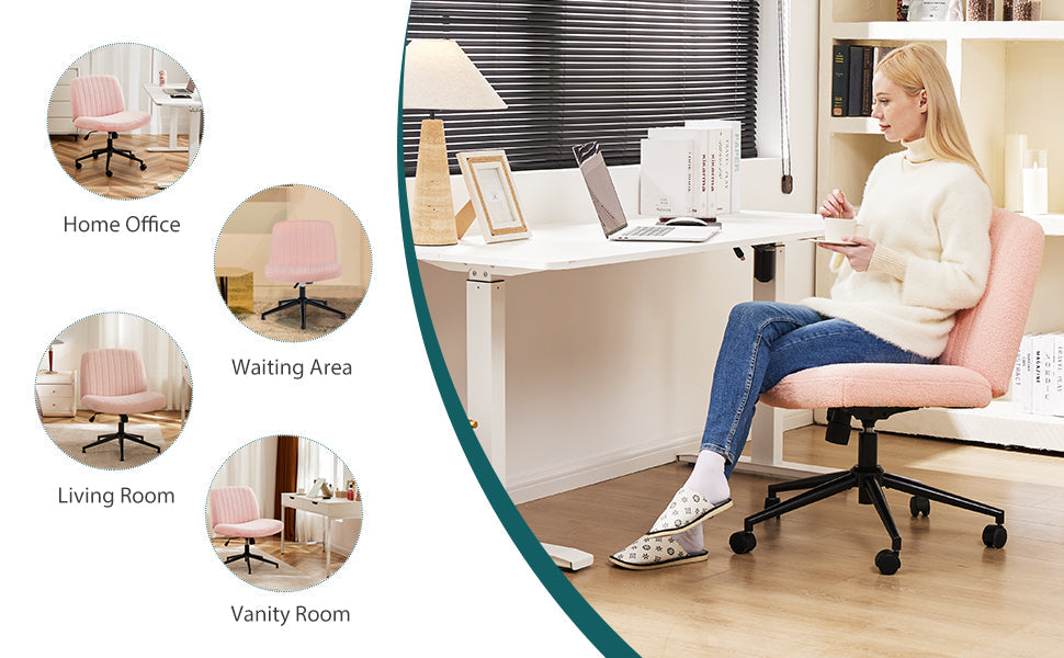Criss Cross Chair with Wheels Wide Cross Legged Office Desk Vanity Chair Comfy Fabric Armless Adjustable Swivel for Home Computer Task Teddy Pink