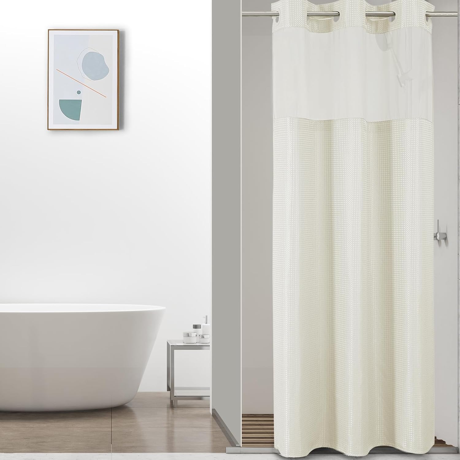 No Hook Waffle Shower Curtain with Snap in Fabric, Waterproof Shower Curtains with See Through Top Window, Hotel Luxury Heavy Duty Bathroom Curtain and Liner Set, 72'' x 75'', Black